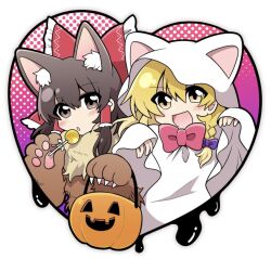 2girls alternate_costume animal_costume animal_ear_fluff animal_ears blonde_hair blush bow braid brown_eyes brown_hair candy commentary_request food frilled_bow frilled_hair_tubes frills ghost_costume hair_bow hair_tubes hakurei_reimu halloween halloween_costume holding holding_candy holding_food holding_lollipop jack-o&#039;-lantern kirisame_marisa lollipop long_hair long_sleeves looking_at_viewer mochi547 multiple_girls open_mouth purple_bow red_bow side_braid single_braid smile touhou wide_sleeves yellow_eyes