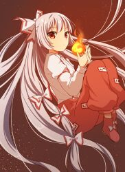 1girl absurdly_long_hair absurdres bow closed_mouth collared_shirt commentary_request embers fire fujiwara_no_mokou hair_bow highres long_hair long_sleeves looking_at_viewer multiple_hair_bows ofuda ofuda_on_clothes own_hands_together pants pyrokinesis red_eyes red_footwear red_pants shirt solo suspenders touhou utako_(kuromosuki) very_long_hair white_shirt