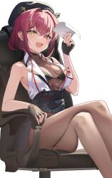 Rule 34 | 1girl, absurdres, bare shoulders, beret, black hat, black skirt, blush, bodystocking, breasts, chair, cleavage, collared shirt, fang, fingerless gloves, gloves, hair between eyes, hat, heterochromia, high-waist skirt, highres, hololive, houshou marine, houshou marine (businesswoman), id card, large breasts, looking at viewer, office chair, official alternate costume, open mouth, pantyhose, red eyes, red hair, see-through, see-through cleavage, shirt, short hair, sitting, skin fang, skirt, sleeveless, sleeveless shirt, solo, sungnyung15, swivel chair, virtual youtuber, white background, white shirt, yellow eyes