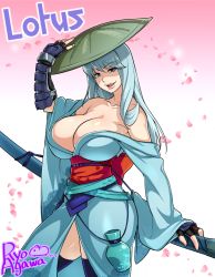 Rule 34 | 1girl, agawa ryou, artist name, bad id, bad tumblr id, black thighhighs, blue eyes, breasts, character name, cleavage, fingerless gloves, gloves, gourd, hat, huge breasts, japanese clothes, kimono, lips, long hair, no bra, obi, off shoulder, ootachi, original, petals, sash, sheath, sheathed, silver hair, smile, solo, straw hat, thighhighs, vambraces