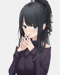 Rule 34 | bare shoulders, black hair, blue eyes, blush, breasts, brown nails, closed mouth, clothing cutout, fingernails, flying sweatdrops, frown, grey background, highres, idolmaster, idolmaster shiny colors, kazano hiori, long hair, long sleeves, looking at viewer, medium breasts, nail polish, own hands together, ponytail, purple sweater, ryouta (ryouta335), shoulder cutout, simple background, solo, sweater, upper body, wavy mouth