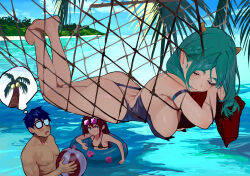 Rule 34 | 1boy, 2girls, aqua hair, armband, arms up, ass, ball, barefoot, beachball, bikini, black bikini, blue hair, blue sky, blush, bottle, braid, breasts, closed eyes, closed mouth, commentary, day, drinking straw, drinking straw in mouth, drooling, eyelashes, eyewear on head, feet, feet up, glasses, green hair, hammock, hands up, hanging breasts, head on pillow, height difference, hetero, highres, hipa (some1else45), holding, holding ball, holding beachball, holding bottle, horizon, horns, innertube, legs, long hair, looking at another, lying, medium breasts, mouth drool, multiple girls, nahia (some1else45), ocean, on stomach, one-piece swimsuit, one-piece thong, opaque glasses, original, outdoors, palm leaf, parted bangs, parted lips, partially submerged, pectorals, pillow, pointy ears, purple hair, red hair, short hair, sky, sleeping, small breasts, some1else45, sunglasses, swim ring, swimsuit, symbol-only commentary, the pose, thought bubble, toes, toned, toned male, tree, v-shaped eyebrows, very long hair, water