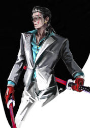 Rule 34 | 1boy, absurdres, black hair, blazer, blue shirt, buttons, closed mouth, collared shirt, cowboy shot, dual wielding, facial scar, gloves, green eyes, highres, holding, hotline miami 2: wrong number, jacket, katana, looking at viewer, male focus, medium hair, pants, ponytail, popped collar, red gloves, scar, scar across eye, scar on cheek, scar on face, shirt, snakepit xxx, solo, son (hotline miami), sword, symbol-only commentary, weapon, white jacket, white pants