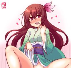 Rule 34 | 1girl, alternate costume, aqua kimono, artist logo, blush, breasts, brown hair, cowboy shot, dated, finger to mouth, gradient background, hair ornament, heart, heart-shaped pupils, highres, japanese clothes, kanon (kurogane knights), kantai collection, kimono, kisaragi (kancolle), lifted by self, long hair, long sleeves, looking at viewer, no panties, obi, open mouth, pink background, purple eyes, sash, signature, small breasts, smile, solo, spread legs, symbol-shaped pupils, wide sleeves