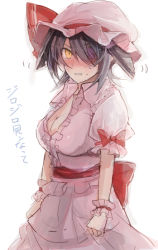 Rule 34 | 10s, 1girl, alternate costume, black hair, blush, bow, breasts, cleavage, cosplay, cowboy shot, dress, eyepatch, hat, hat ribbon, headgear, kantai collection, large breasts, looking at viewer, mob cap, nazuka (mikkamisaki), nose blush, pink dress, puffy short sleeves, puffy sleeves, red bow, red ribbon, remilia scarlet, remilia scarlet (cosplay), ribbon, sash, short hair, short sleeves, solo, sweat, tenryuu (kancolle), touhou, translation request, wrist cuffs, yellow eyes
