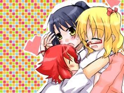 Rule 34 | 3girls, heart, kanbara satomi, multicolored background, multiple girls, muma (meganeltuko), saki (manga), senoo kaori, tiles, yellow eyes