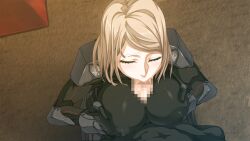 Rule 34 | 1boy, 1girl, blonde hair, blush, bodysuit, bradyon veda, breasts, breasts squeezed together, censored, closed eyes, covered erect nipples, fellatio, from above, game cg, grabbing own breast, indoors, kusunoki kaede, large breasts, legs, light blush, medium hair, mosaic censoring, oral, original, paizuri, paizuri over clothes, penis, pov, saliva, squatting, standing, thighs, zunta