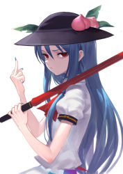 Rule 34 | &gt;:/, 1girl, :/, ascot, black hat, blue hair, blue nails, fkey, food, from side, fruit, hands up, hat, highres, hinanawi tenshi, holding, holding weapon, leaf, long hair, looking at viewer, looking to the side, middle finger, nail polish, over shoulder, peach, puffy short sleeves, puffy sleeves, red ascot, red eyes, short sleeves, sidelocks, simple background, solo, sword of hisou, touhou, upper body, v-shaped eyebrows, weapon, weapon over shoulder, white background, wing collar