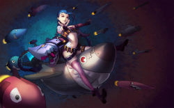 Rule 34 | 1girl, bikini, bikini top only, blue hair, boots, braid, bullet, fingerless gloves, gloves, hairline, highres, jewelry, jinx (league of legends), league of legends, lipstick, long hair, makeup, necklace, pink eyes, purple thighhighs, rocket, shorts, single thighhigh, sitting, smile, swimsuit, tattoo, thighhighs, tie (a5881199), twin braids, twintails, very long hair, weapon