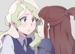 Rule 34 | 2girls, blue eyes, blue ribbon, blush, brown hair, closed mouth, collared shirt, diana cavendish, eye contact, green hair, kagari atsuko, kukie-nyan, little witch academia, long hair, looking at another, multicolored hair, multiple girls, neck ribbon, purple vest, ribbon, shirt, simple background, smile, topknot, two-tone hair, vest, white background, white hair, white shirt, wing collar