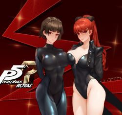 Rule 34 | 2girls, arms behind back, artist name, asymmetrical docking, aztodio, bare hips, black bodysuit, black bow, black jacket, black leotard, blunt bangs, bodysuit, bow, braid, breast press, breasts, cleavage, closed mouth, collarbone, copyright name, covered navel, cowboy shot, cropped jacket, crown braid, expressionless, gradient background, groin, hair bow, highres, jacket, large breasts, leotard, long hair, long sleeves, looking at viewer, multiple girls, niijima makoto, open clothes, open jacket, persona, persona 5, persona 5 the royal, ponytail, red background, red eyes, red hair, skin tight, smile, sparkle, thighs, yoshizawa kasumi