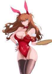Rule 34 | 1girl, absurdres, animal ears, arms up, artist request, ass, breasts, brown hair, cleavage, curvy, expressionless, hair between eyes, hair ornament, highleg, highleg leotard, highres, holding, holding tray, large breasts, leotard, long hair, looking at viewer, neon genesis evangelion, playboy bunny, rabbit ears, red leotard, shiny clothes, shiny skin, simple background, skin tight, solo, souryuu asuka langley, tray, two side up, very long hair, white background