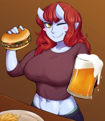 Rule 34 | 1girl, ;), abs, aoi (ittla), beer mug, blue skin, blush stickers, breasts, brown background, brown shirt, burger, colored skin, cup, food, french fries, highres, horns, ittla, large breasts, long hair, looking at viewer, midriff, monster girl, mug, navel, one eye closed, oni, original, pants, plate, pointy ears, red hair, shirt, slit pupils, smile, solo, yellow eyes