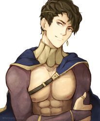 Rule 34 | 1boy, abs, bare pectorals, bodystocking, brown hair, cape, circlet, commentary, earrings, english commentary, fell from the sky, fire emblem, fire emblem awakening, floating earring, genderswap, genderswap (ftm), hand on own arm, highres, jewelry, male focus, nintendo, nipples, pectorals, purple eyes, short hair, simple background, tharja (fire emblem), toned, toned male, twitter username, upper body, white background