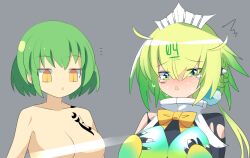 Rule 34 | 2girls, ^^^, black shirt, blush, bombergirl, bow, bowtie, braid, breast tattoo, breasts, censored, censored nipples, cleavage, commentary request, crossover, emera (bombergirl), green eyes, green hair, grey background, hair between eyes, hikage (senran kagura), large breasts, lets0020, light censor, looking at viewer, medium bangs, multiple girls, notice lines, open mouth, senran kagura, shirt, short hair, simple background, slit pupils, tattoo, tearing up, torn clothes, torn shirt, upper body, yellow bow, yellow bowtie, yellow eyes