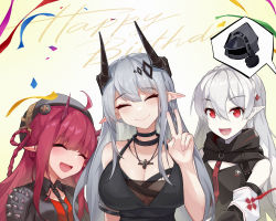 Rule 34 | 1other, 3girls, :d, ^ ^, absurdres, arknights, bare shoulders, black dress, black shirt, blush, braid, breasts, chibi, chibi inset, cleavage, closed eyes, closed mouth, collared shirt, confetti, crown braid, doctor (arknights), dress, facing viewer, fang, grey hair, hair between eyes, hair ornament, hand up, happy birthday, head tilt, highres, horns, large breasts, long hair, looking at viewer, mudrock (arknights), multiple girls, open mouth, pale skin, pointy ears, red eyes, red hair, shirt, sktre12, smile, spikes, streamers, v, vigna (arknights), warfarin (arknights)
