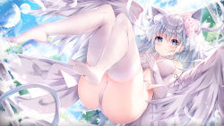 Rule 34 | 1girl, angel, angel wings, animal ear fluff, animal ears, ass, blue eyes, blush, breasts, cat ears, cat girl, cat tail, cleavage, clothes lift, cloud, dress, dress lift, elbow gloves, feathered wings, feet, flower, flying, full moon, gloves, hair flower, hair ornament, highres, knees up, legs, long hair, manman manyou haiyang de paomo, moon, no shoes, original, own hands together, panties, rose, showgirl skirt, silver hair, sky, smile, soles, solo, tail, thighhighs, thighs, underwear, veil, wedding dress, white dress, white gloves, white panties, white thighhighs, wings