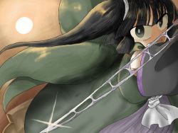 Rule 34 | adagumo no yaorochi, androgynous, bad id, bad twitter id, black hair, clenched teeth, detached sleeves, gender request, grey eyes, hakama, hakama skirt, jandare, japanese clothes, len&#039;en, long hair, multiple tails, ponytail, scarf, side ponytail, skirt, snake tail, solo, sunset, sword of kusanagi, tail, teeth, weapon