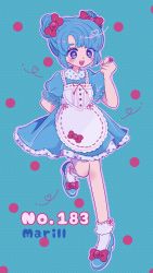 Rule 34 | 1girl, apron, aqua background, arm behind back, blue dress, blue eyes, blue footwear, blue hair, blunt bangs, blush, bow, character name, creatures (company), double bun, dress, full body, game freak, gen 2 pokemon, hair bun, heart, highres, jewelry, leg up, looking at viewer, marill, narumame, nintendo, open mouth, personification, pink bow, pokedex number, pokemon, polka dot, polka dot background, puffy short sleeves, puffy sleeves, ring, shoes, short sleeves, smile, solo, standing, white apron