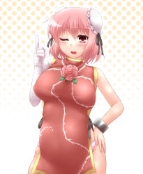Rule 34 | 1girl, bandages, blush, cuffs, double bun, female focus, flower, hand on own hip, highres, ibaraki kasen, no pants, one eye closed, open mouth, panties, pink eyes, pink hair, pink panties, pointing, pointing up, polka dot, polka dot background, pregnant, shackles, smile, solo, touhou, underwear, wink, yoshi tama