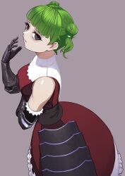 Rule 34 | 1girl, armor, armored dress, bare shoulders, black armor, black gloves, blunt bangs, closed mouth, double bun, dress, elbow gloves, frown, gauntlets, gloves, green hair, grey background, grey eyes, hair bun, hand up, highres, kai3 ika, red dress, short hair, short twintails, simple background, sleeveless, sleeveless dress, solo, tatiana (unicorn overlord), twintails, unicorn overlord