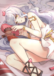 Rule 34 | 1girl, a ching, angra mainyu (fate), armlet, bare legs, bracelet, caren hortensia, caren hortensia (amor caren), caren hortensia (amor caren) (first ascension), character doll, cross, dress, fate/grand order, fate (series), full body, heart, heart-shaped pillow, highres, jewelry, long hair, looking at viewer, lying, on side, parted lips, pillow, sandals, short dress, solo, tassel, white dress, white hair, yellow eyes