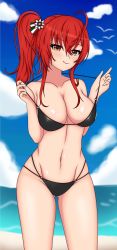 Rule 34 | 1girl, absurdres, azur lane, bare shoulders, bikini, black bikini, breasts, brown eyes, cleavage, closed mouth, collarbone, feet out of frame, fnzz, highres, large breasts, licking lips, long hair, looking at viewer, navel, official alternate costume, red hair, side ponytail, simple background, smile, solo, standing, swimsuit, tongue, tongue out, zara (azur lane), zara (poolside coincidence) (azur lane)