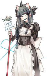 Rule 34 | 1girl, alternate costume, animal ear fluff, animal ears, anya pandaria (artist), apron, artemis of the blue, ascot, atelier live, back bow, bad id, bad twitter id, black dress, black gloves, black hair, blue tongue, blunt bangs, blush, bow, braid, brooch, brown eyes, cat ears, colored tongue, commentary, dress, ear piercing, english commentary, english text, enmaided, eyes visible through hair, fake animal ears, frilled apron, frills, furrowed brow, gloves, hair bow, half gloves, hand on own chest, head tilt, highres, holding, jewelry, maid, maid apron, open mouth, piercing, puffy sleeves, shark, shark fin, shark girl, sharp teeth, sidelocks, sideways glance, signature, single glove, solo, sweat, symbol-only commentary, teeth, virtual youtuber, waist apron, white apron