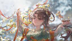 Rule 34 | 1girl, arm up, black hair, blue eyes, bowl, bracelet, branch, breasts, chinese clothes, closed mouth, facial mark, falling petals, floating hair, flower, forehead mark, fzi (nullx), green shirt, hair bun, hair ornament, hands up, hanfu, highres, holding, holding bowl, jade (gemstone), jewelry, jiu niangzi, layered sleeves, long hair, long sleeves, looking at viewer, necklace, outdoors, parted bangs, petals, red shawl, reverse:1999, shawl, shirt, short over long sleeves, short sleeves, single side bun, smile, solo, statuette, upper body, yellow flower