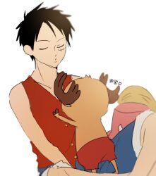 Rule 34 | 2boys, antlers, back, black hair, blue shorts, closed eyes, commentary request, crossed legs, feichangkou, hat, highres, horns, male focus, monkey d. luffy, multiple boys, one piece, pink hat, red shirt, reindeer antlers, scar, scar on face, shirt, short hair, shorts, simple background, sleeveless, sleeveless shirt, straw hat, tony tony chopper, white background