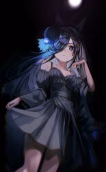 Rule 34 | 1girl, alternate costume, bare shoulders, black dress, black eyes, black hair, blurry, blurry background, breasts, closed mouth, depth of field, detached sleeves, dress, expressionless, feet out of frame, hair over one eye, hand in own hair, hand up, hat, highres, long hair, looking at viewer, rice shower (umamusume), skirt hold, sleeveless, sleeveless dress, small breasts, solo, standing, umamusume, yomean!