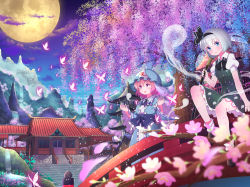 Rule 34 | 2girls, architecture, black bow, black footwear, blue eyes, blue hat, blue kimono, blurry, blush, bow, bridge, bug, building, butterfly, buttons, cherry blossoms, cloud, depth of field, east asian architecture, flower, full moon, glowing butterfly, green vest, hair between eyes, hairband, hakugyokurou, hat, hitodama, holding, holding sheath, insect, japanese clothes, kimono, konpaku youmu, konpaku youmu (ghost), lips, looking at viewer, moon, mountain, multiple girls, obi, pagoda, parted lips, petals, pink eyes, pink hair, puffy short sleeves, puffy sleeves, ribbon-trimmed sleeves, ribbon trim, saigyouji yuyuko, sash, sheath, sheathed, short hair, short sleeves, silver hair, sitting, skirt, skirt set, socks, stairs, touhou, tree, triangular headpiece, vest, water, waterfall, white legwear, wide sleeves, wing collar, yuujin (mhhnp306), yuujin (yuzinn333)