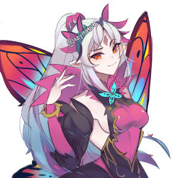 Rule 34 | 1girl, absurdres, blue hair, breasts, closed mouth, fairy wings, fire emblem, fire emblem heroes, grey hair, highres, long hair, memeh, multicolored hair, nintendo, plumeria (fire emblem), pointy ears, ponytail, red eyes, sideboob, simple background, solo, twitter username, upper body, white background, wings