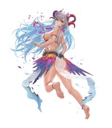 Rule 34 | 1girl, anklet, bare shoulders, barefoot, bikini, blue hair, breasts, fire emblem, fire emblem heroes, freyja (fire emblem), full body, highres, horns, jewelry, large breasts, long hair, multicolored hair, nintendo, official art, pelvic curtain, red eyes, see-through, silver hair, solo, swimsuit, torn clothes, transparent background, yoshiku (oden-usagi)