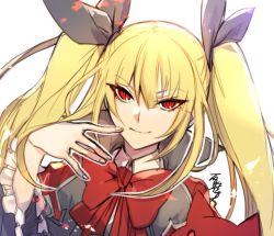 Rule 34 | 1girl, blazblue, blonde hair, bow, bowtie, breasts, dress, frills, gothic lolita, grin, hair ribbon, lolita fashion, long hair, rachel alucard, red bow, red eyes, ribbon, roas01b, signature, slit pupils, small breasts, smile, smug, solo, twintails, very long hair