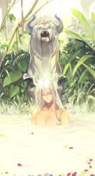 Rule 34 | 1boy, bad id, bad pixiv id, blue eyes, gargoyle, horns, hu kotora, long hair, looking at viewer, male focus, open mouth, original, outdoors, plant, silver hair, solo, water