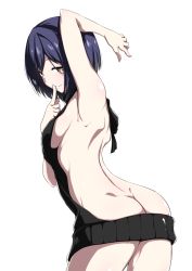 Rule 34 | 1girl, arched back, arm up, armpits, ass, backless outfit, bare arms, bare back, bare shoulders, black dress, blush, breasts, closed mouth, cowboy shot, dimples of venus, dress, finger to mouth, index finger raised, kaname nagi, leaning forward, looking at viewer, medium breasts, meme attire, naked sweater, nijisanji, purple hair, shizuka rin, short hair, shoulder blades, shushing, sideboob, simple background, smile, solo, standing, sweater, sweater dress, twisted torso, virgin killer sweater, virtual youtuber, white background, yellow eyes