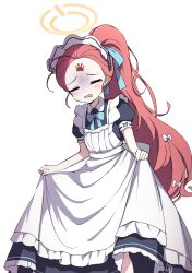 Rule 34 | 1girl, absurdres, apron, black dress, blue archive, blue bow, blue bowtie, blue ribbon, blush, bow, bowtie, closed eyes, commentary, dress, forehead, frilled apron, frilled dress, frills, hair bow, hair ribbon, halo, highres, long hair, looking at viewer, maid, maid headdress, official alternate costume, parted lips, paw print, ponytail, puffy short sleeves, puffy sleeves, red hair, ribbon, short sleeves, simple background, skirt hold, solo, tearing up, very long hair, white apron, white background, white bow, yellow halo, yukki bunny, yuzu (blue archive), yuzu (maid) (blue archive)