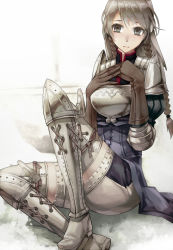 Rule 34 | 1girl, armor, artdink, boots, braid, female focus, gloves, grey eyes, grey hair, kibamigohann, ravness loxaerion, solo, tactics ogre, thigh boots, thighhighs, twin braids, white background