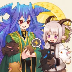 Rule 34 | :d, :o, animal, bell, bird, blue hair, bow, brown gloves, brown horns, feathered wings, gloves, goat horns, green bow, hair between eyes, hair bow, head wings, holding, holding animal, horns, open mouth, pixiv fantasia, pixiv fantasia mountain of heaven, pointy ears, purple eyes, red eyes, robe, simple background, smile, spoken lightning bolt, standing, sweatdrop, trembling, ujuju, upper body, white hair, wide sleeves, wings