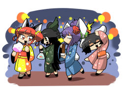 Rule 34 | = =, alternate hairstyle, animal ears, rabbit ears, rabbit tail, cotton candy, dancing, eating, eyebrows, female focus, festival, food, food on face, hecktop, inaba tewi, japanese clothes, kaenbyou rin, kimono, multiple girls, reisen udongein inaba, reiuji utsuho, tail, touhou, wings