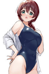 Rule 34 | 1girl, :o, aqua eyes, bare shoulders, black one-piece swimsuit, blush, braid, breasts, covered navel, cowboy shot, emma verde, freckles, groin, hand on own hip, hand on own chest, highres, long hair, long sleeves, looking at viewer, love live!, love live! nijigasaki high school idol club, love live! school idol festival all stars, medium breasts, off shoulder, one-piece swimsuit, open clothes, open mouth, open shirt, red hair, sankuro (agoitei), shirt, simple background, single braid, skin tight, solo, swimsuit, white background, white shirt