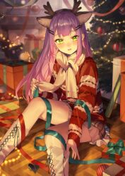 Rule 34 | 1girl, absurdres, animal ears, antlers, bibi (tokoyami towa), blonde hair, blue ribbon, blush, boots, box, christmas, christmas tree, deer antlers, deer ears, ear piercing, fake animal ears, fake antlers, feet out of frame, gift, gift box, hair ornament, hairband, hairclip, highres, hololive, horns, indoors, knee boots, long hair, long sleeves, looking at viewer, mr.lime, parted lips, piercing, purple hair, red sweater, ribbon, scarf, sitting, solo, sweater, tokoyami towa, very long hair, virtual youtuber, white scarf