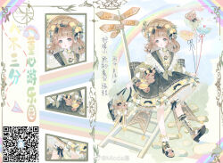 Rule 34 | 1girl, ankle socks, asymmetrical legwear, bag, balloon, black bow, blue bow, blue sky, bonnet, bow, bow legwear, bridal garter, brown footwear, brown hair, brown headwear, character sheet, chinese commentary, chinese text, close-up, cloud, collared shirt, commentary request, day, dress, dress bow, eyelashes, flower in eye, food, food-themed hair ornament, footwear bow, frilled sailor collar, frilled socks, frills, fruit, full body, green bag, green bow, green dress, green eyes, green neckerchief, green sailor collar, green socks, hair bow, hair ornament, handbag, heart, heart print, high heels, highres, holding, holding bag, holding balloon, lace, lace-trimmed bow, lace-trimmed dress, lace trim, lemon, lemon hair ornament, lemon slice, light brown hair, lipstick, long sleeves, looking at viewer, makeup, medium dress, medium hair, mioda xi, multiple views, neckerchief, original, outdoors, parted lips, petticoat, puffy long sleeves, puffy sleeves, qr code, railroad tracks, rainbow, red lips, ribbon-trimmed garter, road sign, sailor collar, shirt, sign, sky, sleeve bow, socks, striped bow, stuffed animal, stuffed toy, symbol in eye, teddy bear, teeth, translation request, upper body, upper teeth only, watermark, weibo logo, weibo watermark, white bow, white garter, white sleeves