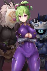 Rule 34 | 1girl, 2boys, ^^^, absurdres, akiyama rinko (cosplay), arms under breasts, blush, bodysuit, breasts, cameltoe, closed mouth, commentary, cosplay, covered collarbone, covered navel, cowboy shot, crossed arms, eggplant, english commentary, fishnet bodysuit, fishnets, food, genshin impact, gloves, green hair, hair between eyes, highres, hilichurl (genshin impact), holding, holding food, holding vegetable, kanoko2.0, kuki shinobu, large breasts, loincloth, mask, multiple boys, ponytail, purple bodysuit, purple eyes, purple rope, rope, saliva, sexually suggestive, sidelocks, simple background, skin tight, standing, sweat, taimanin (series), taimanin suit, trembling, underboob, vegetable