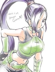 Rule 34 | 1girl, armpits, bare shoulders, belt, breasts, closed mouth, dragon quest, dragon quest xi, fingerless gloves, gloves, hair over one eye, haruyama kazunori, long hair, looking at viewer, martina (dq11), navel, ponytail, purple eyes, purple hair, simple background, solo, very long hair, white background