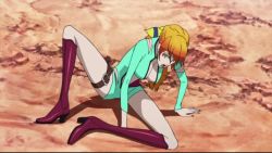 Rule 34 | 1boy, 1girl, animated, anime screenshot, ass, bare legs, blood, boots, bouncing breasts, breasts, breasts out, character request, dust, gradient hair, heavy breathing, injury, large breasts, long hair, lupin iii, lupin iii: mine fujiko no uso, mine fujiko, monster boy, multicolored hair, no bra, open clothes, sharp teeth, short hair, sitting, size difference, sky, sweat, teeth, video, wind