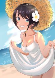 Rule 34 | 1girl, beach, black hair, blush, breasts, dress, flower, flower on head, hat, highres, hololive, lips, looking at viewer, nail polish, oozora subaru, short hair, smile, solo, straw hat, virtual youtuber, white dress, white nails