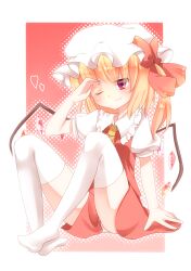Rule 34 | 1girl, ascot, blonde hair, border, bow, closed mouth, collared shirt, crystal, flandre scarlet, frilled shirt collar, frills, full body, gradient background, hat, hat bow, heart, highres, medium hair, multicolored wings, no shoes, one eye closed, one side up, panties, puffy short sleeves, puffy sleeves, red background, red bow, red eyes, red skirt, red vest, sakura hazuki, shirt, short sleeves, skirt, skirt set, solo, thighhighs, touhou, underwear, vest, white border, white hat, white panties, white shirt, white thighhighs, wings, yellow ascot