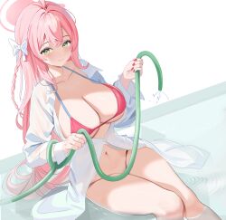 Rule 34 | 1girl, absurdres, bikini, blue archive, braid, breasts, cleavage, closed mouth, collarbone, collared shirt, feet out of frame, fingernails, green eyes, hair between eyes, halo, hanako (blue archive), hanako (swimsuit) (blue archive), highres, holding, holding hose, hose, i am love, large breasts, long hair, nail polish, navel, official alternate costume, pink hair, pink halo, red bikini, red nails, shirt, single braid, smile, solo, swimsuit, wet, wet clothes, wet shirt, white shirt